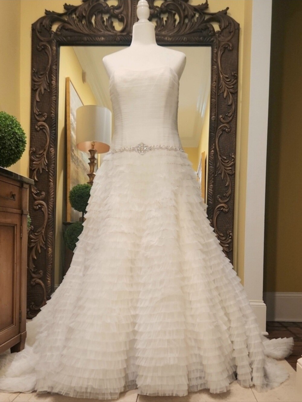 Strapless White Tiered Ruffle Bridal Gown with Crystal Belt - Size 14
